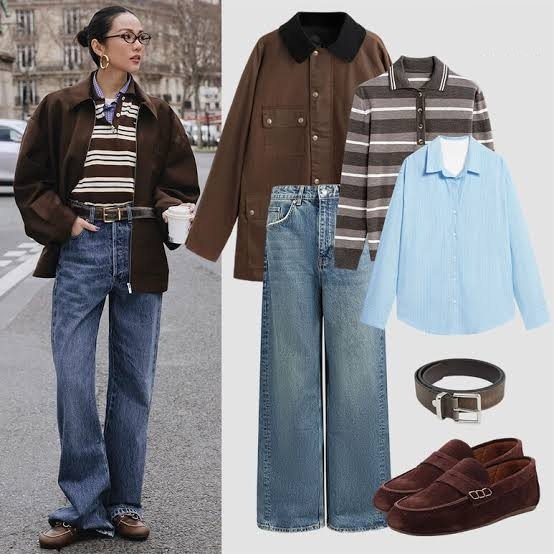 A saved look: brown barn jacket, striped knit, blue shirt, wide jeans, suede loafers